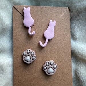 Pink Cat and Paw Handmade Polymer Clay Earrings